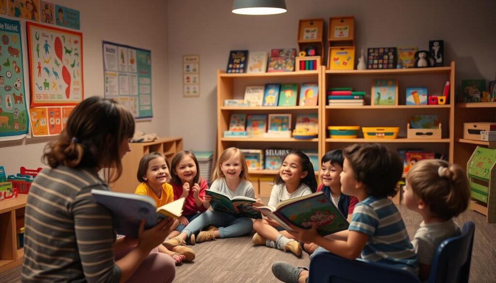 A cozy, well-lit classroom setting with a group of smiling children engaged in interactive storytelling activities. In the foreground, a teacher gestures animatedly as she reads from a storybook, captivating her young audience. On the walls, vibrant artwork and educational posters create a stimulating environment. In the middle ground, children sit in a semicircle, eagerly participating by acting out characters, making sound effects, and asking questions. In the background, shelves filled with children's books and educational toys suggest a nurturing, literature-rich space. The overall mood is one of joyful learning and imagination, with a soft, warm lighting that enhances the sense of engagement and discovery.