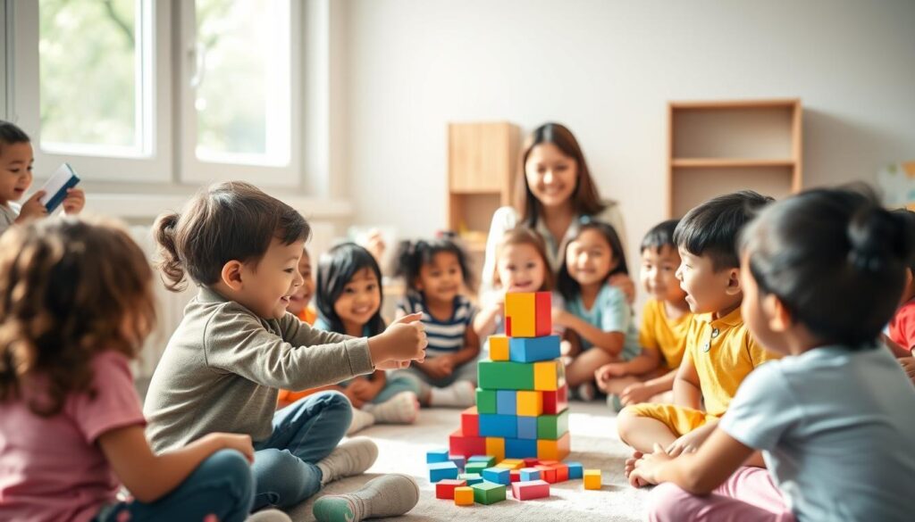 A cozy, well-lit classroom setting with several diverse children sitting in a circle, engaged in sharing and cooperative play. In the foreground, two young friends intently pass a toy back and forth, their faces lit with joy and wonder. In the middle ground, a small group of children collaborate to build a vibrant block structure, their movements fluid and synchronized. In the background, a teacher observes the scene with a warm, encouraging smile, fostering an atmosphere of trust and inclusion. Soft, natural lighting filters through the windows, casting a gentle glow over the entire scene. The overall mood is one of harmony, compassion, and the delight of shared discovery.