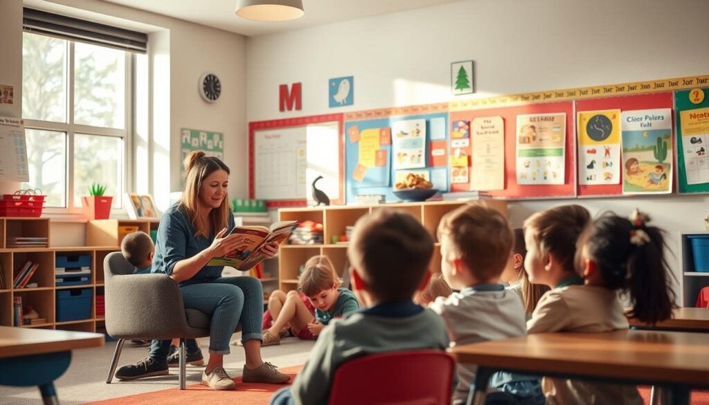 A cozy, well-lit classroom setting. In the foreground, a teacher sits on a chair, gesturing expressively as they read aloud from a storybook. The students, gathered in a semicircle, lean in attentively, their faces alight with curiosity and wonder. The classroom walls are adorned with vibrant illustrations and educational posters, creating a warm, inviting atmosphere. Soft, natural lighting filters in through large windows, casting a gentle glow on the scene. The overall mood is one of engaged learning and joyful storytelling, capturing the essence of effective read-aloud techniques that support vocabulary growth in early learners.