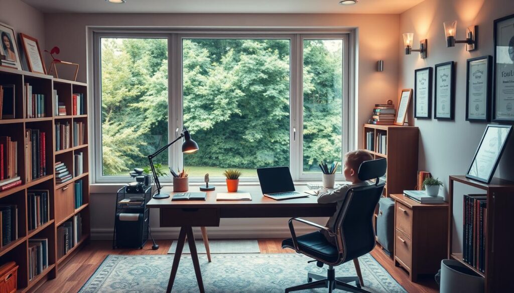 A cozy, well-lit home office with a mid-century modern desk, ergonomic chair, and bookshelves filled with educational resources. The room has large windows overlooking a lush, green backyard, allowing natural light to flood the space. Soft, ambient lighting from a sleek desk lamp and wall sconces create a relaxing, focused atmosphere. The desk is neatly organized with a laptop, tablet, and a variety of stationery supplies, inviting a child to engage in digital learning activities. Framed certificates, diplomas, and inspirational artwork adorn the walls, fostering a sense of academic achievement and motivation.