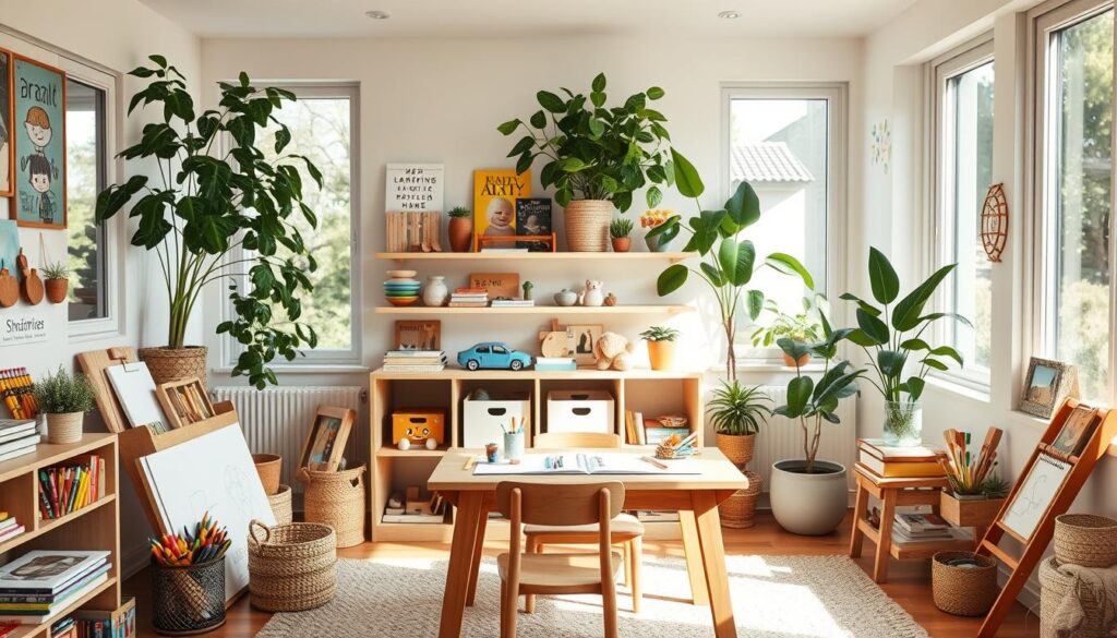 A cozy, well-lit home workspace flooded with natural light from large windows, showcasing an array of art supplies, sketchbooks, and creative tools arranged in an inviting manner. In the foreground, a child-sized table and chair setup with colorful crayons, markers, and blank paper, encouraging imaginative expression. Shelves in the middle ground display inspiring books, educational toys, and playful decorations, while the background features lush indoor plants and soft textures that cultivate a serene, nurturing atmosphere. The overall scene exudes a sense of wonder, exploration, and the boundless potential of a child's creativity.