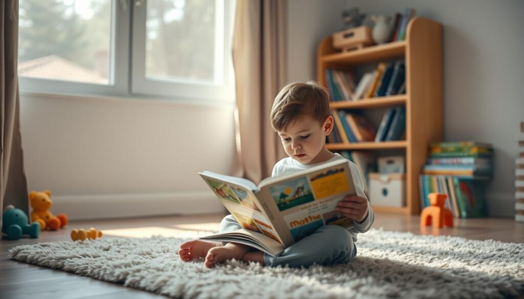 A cozy, well-lit room with a young child sitting cross-legged on a plush rug, deeply engaged in a storybook. Soft natural light streams in through a window, casting a warm glow on the child's face as they intently study the pages. Surrounding the child are a few scattered toys and a bookshelf filled with colorful children's books, hinting at the child's love of reading. The overall scene evokes a sense of comfort, concentration, and the cognitive benefits of repetitive reading for young minds.