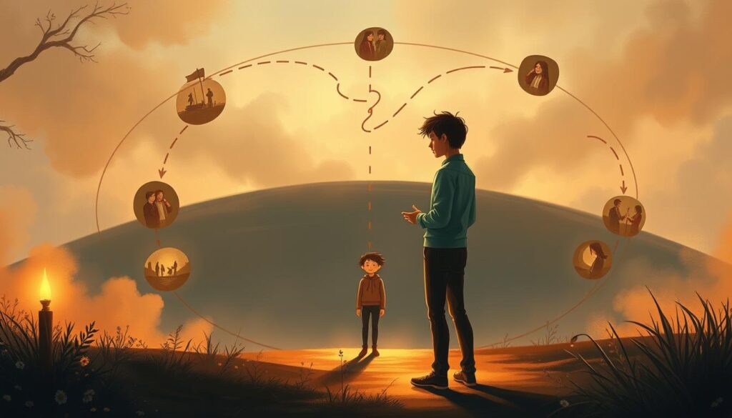 A decision circle in the style of a storybook illustration, with a central figure making a choice surrounded by branching narrative paths. Warm, whimsical lighting, a soft, muted color palette, and a sense of contemplation. In the foreground, the decision-maker stands in a thoughtful pose, with lines representing choices radiating outwards. In the middle ground, these paths twist and turn, leading to various scenes and characters. The background features a dreamlike, abstract landscape, hinting at the wider implications of the decision. Achieved through a detailed, painterly style with a blend of realism and stylization.