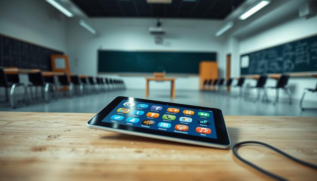 A deserted classroom with stark, clinical lighting. In the foreground, a tablet device lays abandoned on a cluttered desk, its screen filled with garish, amateurish graphics and flashy "educational" icons. The background is blurred, hinting at rows of empty chairs and a neglected chalkboard, conveying a sense of disengagement and wasted potential. The overall atmosphere is one of disappointment and disillusionment, underscoring the theme of "educational app duds" that fail to deliver on their promises.