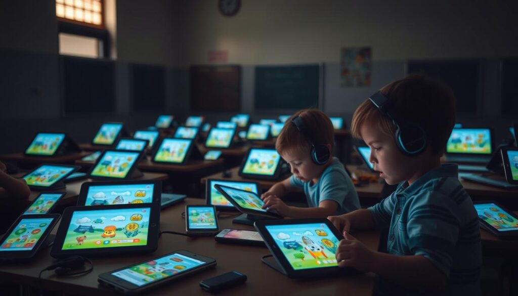 A dimly lit classroom filled with a variety of educational apps displayed on a range of digital devices - tablets, smartphones, and laptops. The devices are arranged neatly on desks, showcasing their engaging interfaces and colorful graphics. The room has a muted, warm tone, with soft lighting filtering through windows, creating a contemplative atmosphere. In the foreground, a couple of children are interacting with the apps, their expressions focused and intent. The background is slightly blurred, emphasizing the apps as the central focus. The scene conveys a sense of the potential concerns and limitations of relying solely on technology-based learning, hinting at the need for a balanced approach to education.
