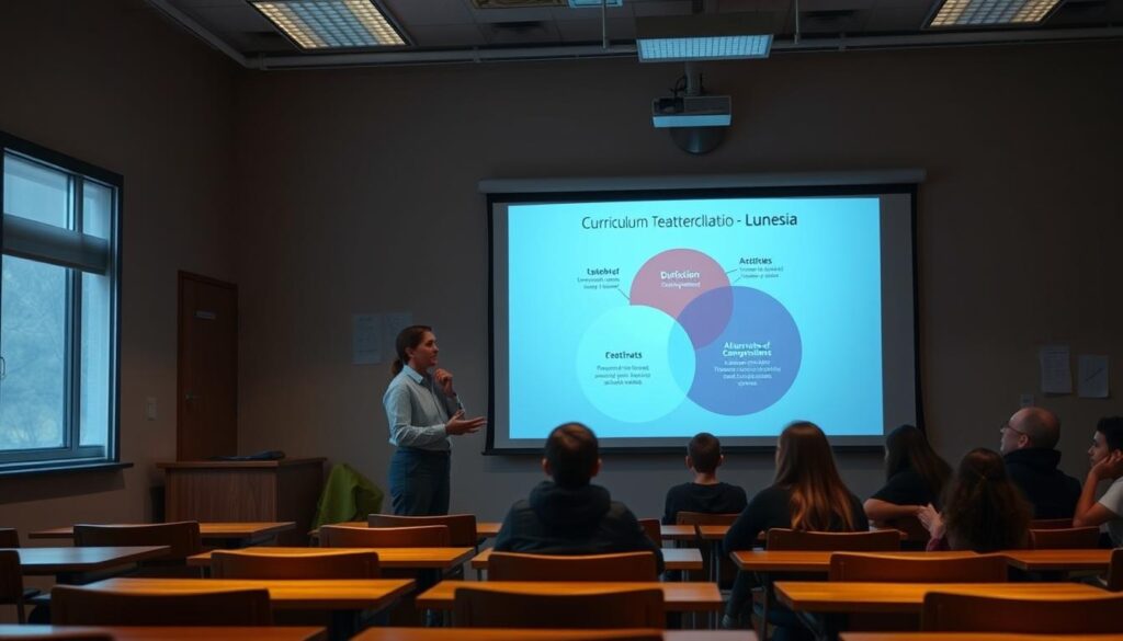 A dimly lit classroom with wooden desks and chairs, illuminated by the soft glow of a projector screen. On the screen, a Venn diagram comparing the curriculum of Lunesia to traditional educational methods, highlighting areas of alignment and divergence. The teacher, a thoughtful figure, stands beside the diagram, guiding a group of attentive students through the presentation. The atmosphere is one of focused discussion, with the students engaged and eager to learn. The overall scene conveys a sense of intellectual exploration and the potential for a new, innovative approach to education.