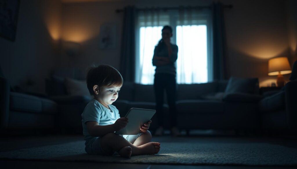 A dimly lit living room with a young child sitting cross-legged on the floor, their face illuminated by the soft glow of a tablet screen. In the background, a concerned parent stands, their expression reflecting the emotional weight of the situation. Soft, diffused lighting casts a contemplative atmosphere, drawing attention to the child's captivated gaze and the parent's pensive stance. The scene evokes a sense of the delicate balance between modern technology and the social-emotional needs of a developing child.