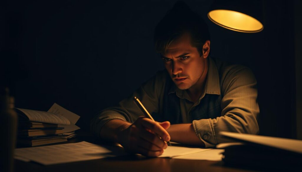 A dimly lit room, a character sitting at a desk, deep in thought. Warm lamp light casts shadows, illuminating the furrowed brow and pensive expression. Scattered papers, a pen grasped in hand, as the protagonist navigates a crucial decision. The camera angle is slightly elevated, creating a sense of introspection and inner dialogue. The atmosphere is one of contemplation, the figure isolated in a moment of critical thinking, weighing the options before them. Subtle textures and details bring depth and realism to the scene, inviting the viewer to step into the character's shoes and experience the decision-making process.