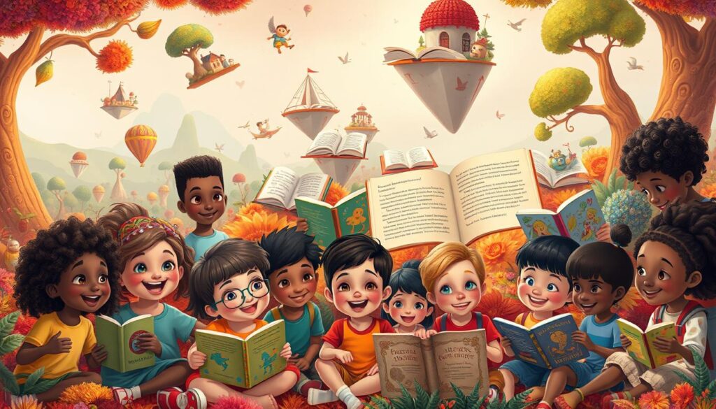 A diverse array of children's book characters from various backgrounds and cultures come to life on a vibrant, richly textured scene. In the foreground, a group of smiling, animated children of different races, ethnicities, and abilities sit together, engaged in reading and storytelling. In the middle ground, an array of open books float, their pages revealing imaginative illustrations and narratives that celebrate inclusion, empathy, and global perspectives. The background depicts a lush, dreamlike landscape, with whimsical trees, floating islands, and a warm, soft lighting that imbues the scene with a sense of wonder and possibility. The overall mood is one of joy, curiosity, and the transformative power of diverse narratives to expand young minds and foster understanding.
