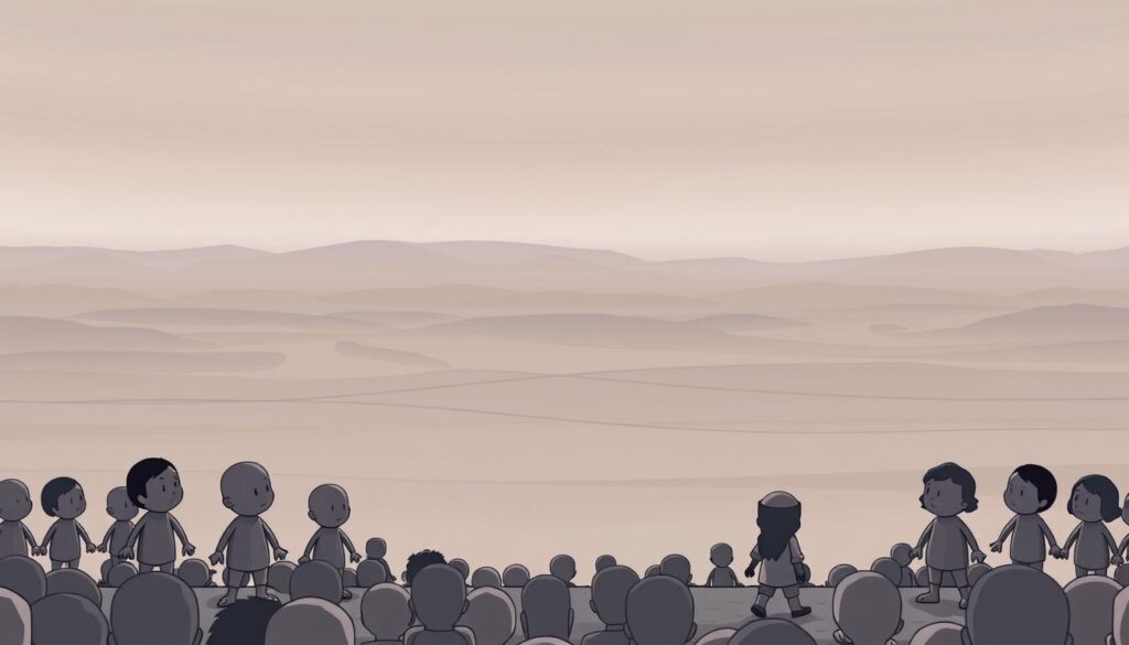 A dull and listless scene unfolds, with lifeless cartoon characters frozen in passive poses. The foreground depicts two-dimensional figures, their expressions vacant and movements stagnant, trapped in a static world devoid of energy or dynamism. The middle ground reveals a monotonous backdrop, a flat landscape lacking depth or detail, while the distant horizon is shrouded in a hazy, washed-out palette. Overhead, the lighting is flat and uninspiring, casting a dreary, uninviting atmosphere. This is a world of passive entertainment, where the viewer remains a detached observer, unable to interact or engage with the content presented.