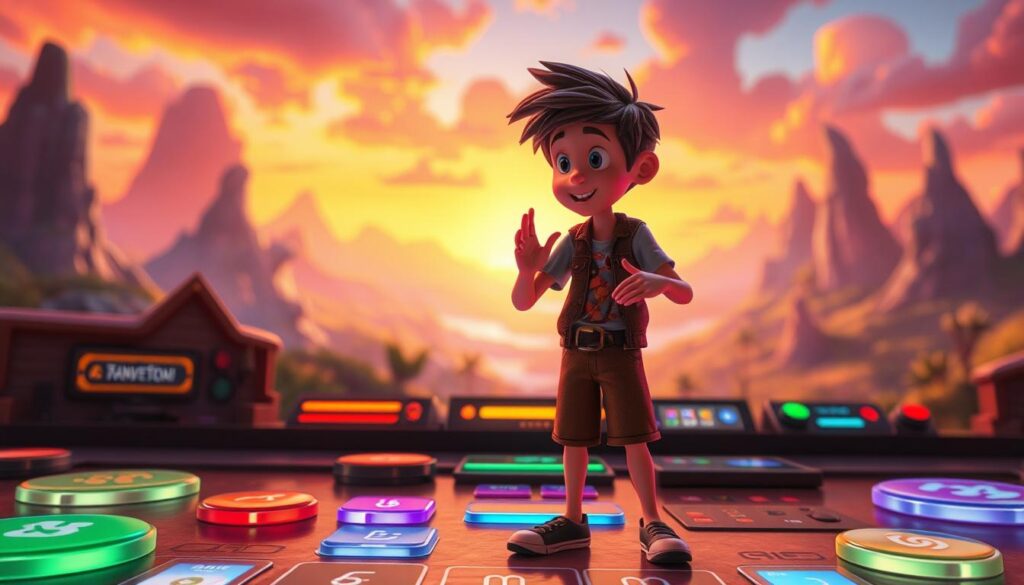 A dynamic interactive scene with a captivating narrative. A character standing in the foreground, gesturing with expressive body language, inviting the viewer to engage. In the middle ground, an array of colorful, interactive elements - buttons, sliders, and toggles that react to the character's movements. The background features a vibrant, fantastical landscape, bathed in warm, cinematic lighting that creates an immersive, dreamlike atmosphere. The overall composition conveys a sense of wonder, discovery, and active participation, reflecting the key elements that make interactive stories more engaging than passive cartoons.