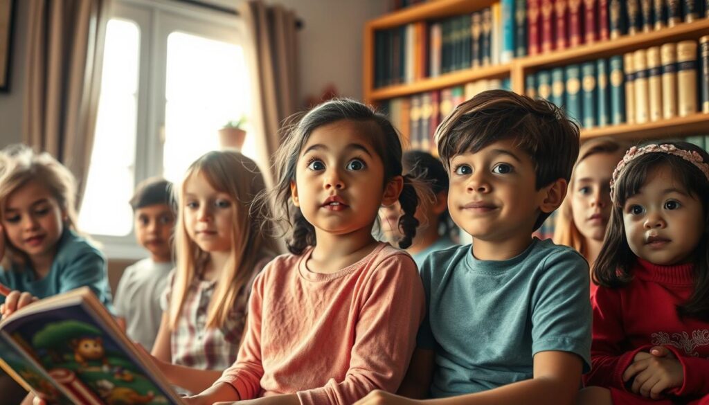 A group of children of diverse backgrounds sit in a cozy room, enraptured by the fantastical tales of Lunesia. Soft, warm lighting filters through the windows, creating a sense of wonder and comfort. In the foreground, a young girl listens intently, her eyes wide with a mixture of fear and fascination. Beside her, a boy confidently raises his hand, ready to share his own experience of overcoming a personal fear through the empowering lessons of the Lunesia stories. The middle ground features other children, each engaged in the narrative, their expressions reflecting the transformative power of these imaginative tales. The background depicts a bookshelf filled with Lunesia volumes, hinting at the depth and breadth of the captivating world that has captivated these young minds.
