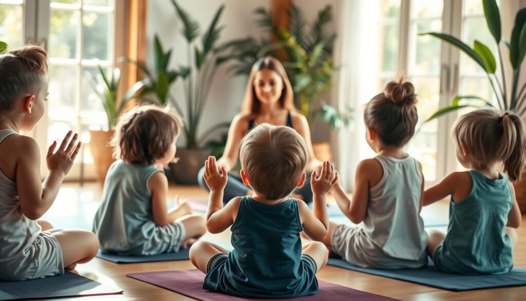 A group of children sitting in a cozy, sun-dappled yoga studio, their small bodies twisted into gentle poses as they listen to a teacher reading a captivating storybook. The foreground features the children, their faces alight with wonder, hands and feet gracefully extended. In the middle ground, the teacher sits cross-legged, her warm, welcoming expression drawing the children in. The background showcases a serene, plant-filled space with soft, natural lighting filtering through large windows, creating a calming atmosphere. The overall scene conveys a sense of tranquility, imagination, and physical engagement, perfectly capturing the intersection of storytelling and mindful movement.
