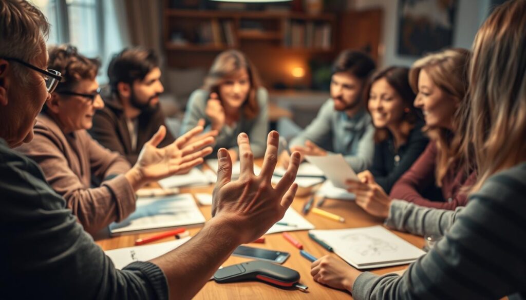 A group of people gathered around a table, engaged in lively discussion and collaborative storytelling. The warm, inviting lighting casts a soft glow, creating an atmosphere of trust and openness. In the foreground, expressive hands gesture as individuals share their narratives, their faces animated with emotions. The middle ground features a scattering of sketchbooks, pens, and other creative tools, hinting at the process of crafting and shaping the shared story. The background blurs into a cozy, intimate setting, suggesting a safe, nurturing environment for this collaborative exploration. A sense of connection and mutual understanding permeates the scene, reflecting the power of storytelling to strengthen relationships.