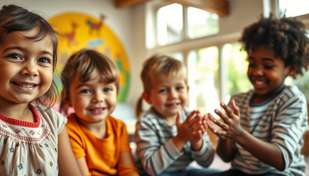 A group of young children, ages 3-5, sitting in a cozy, well-lit room, expressing a range of emotions through their faces and body language. In the foreground, a girl with a wide smile radiates confidence, while a boy next to her furrows his brow, deep in thought. In the middle ground, another child clasps their hands excitedly, eyes shining with excitement. The background features a cheerful, colorful mural, setting a warm, nurturing atmosphere. Soft, natural lighting filters through large windows, casting a gentle glow on the scene. The camera angle is slightly elevated, capturing the children's interactions at eye level, conveying a sense of intimacy and connection.