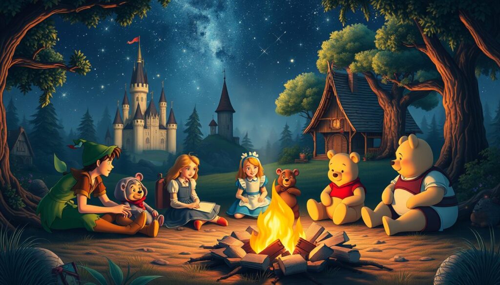A lush, whimsical scene of classic children's storybook characters gathered around an enchanted campfire. In the foreground, beloved heroes like Peter Pan, Alice, and Winnie the Pooh sit cross-legged, engaged in animated conversation. The middle ground features iconic fairy tale structures - a towering castle, a quaint cottage, and a magical treehouse. In the background, a starry night sky sets the dream-like atmosphere, with the campfire's warm glow illuminating the faces of the characters. Soft, diffused lighting casts a cozy, nostalgic mood, evoking the timeless wonder of these cherished tales and their powerful moral lessons.