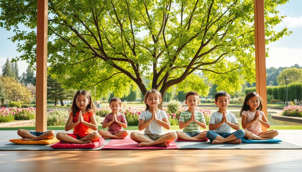 A peaceful, inviting scene of children practicing mindfulness techniques in a cozy, natural setting. In the foreground, a group of young kids sit cross-legged on colorful meditation cushions, eyes closed, hands in gentle mudra poses. Soft, warm lighting filters through the branches of a lush, verdant tree canopy in the middle ground. The background features a serene garden landscape with blooming flowers, a tranquil pond, and a clear blue sky above. An atmosphere of calm focus and inner exploration pervades the image, encouraging viewers to find their own sense of balance and self-awareness.
