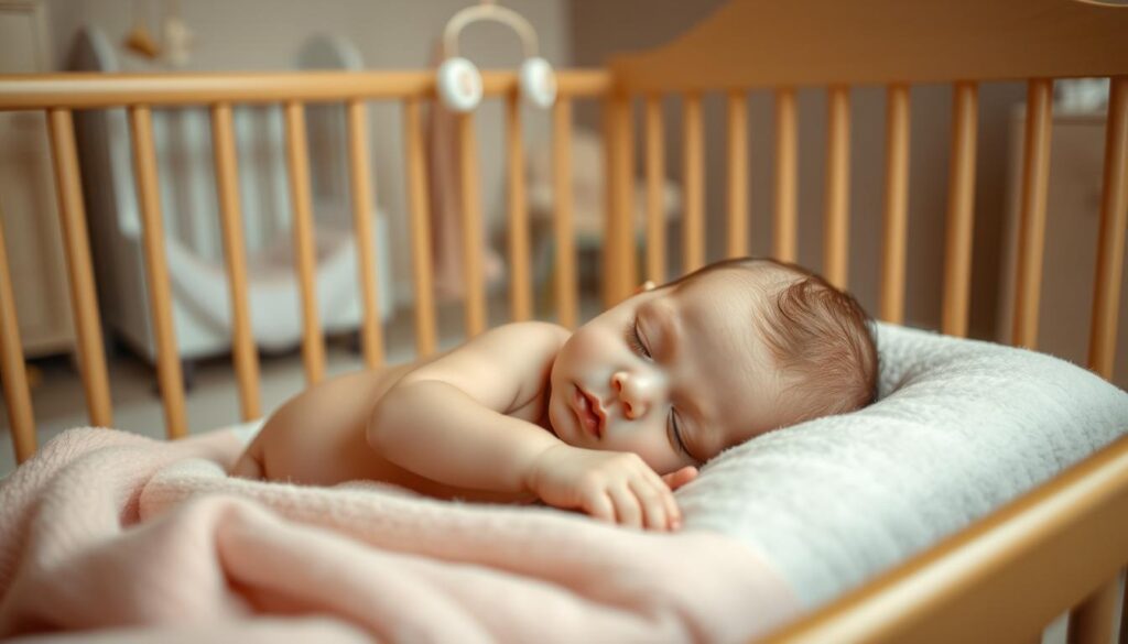 A peaceful sleeping baby nestled in a cozy crib, their tiny features serene and tranquil. Soft, warm lighting casts a gentle glow, creating a soothing ambiance. The background is a calming, neutral-toned nursery, with subtle details like a plush rug and a mobile gently swaying overhead. The camera angle is from the side, capturing the baby's peaceful expression and the serene setting. The overall mood is one of calm, rest, and the gentle transition towards independent sleep.