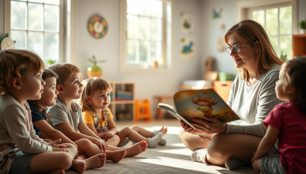A peaceful, sun-lit classroom setting with a group of young children sitting on the floor, captivated by a teacher reading from an enchanting storybook. The children's faces are relaxed, their eyes wide with wonder, as the narrative transports them to a calming, imaginative world. Soft, diffused lighting emanates from large windows, casting a warm, soothing glow throughout the space. The teacher's expression is gentle and serene, their voice calm and rhythmic, guiding the children's focus and attention. In the background, subtle details like colorful learning materials and nature-inspired decor create a nurturing, educational environment conducive to focus and concentration.
