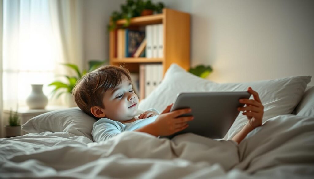 A peaceful, well-lit bedroom setting with a young child lying comfortably in bed, reading a book on a tablet device. Soft, ambient lighting gently illuminates the scene, creating a serene and calming atmosphere. The child's expression is relaxed, suggesting a sense of tranquility and focus. In the background, a bookshelf and potted plants add a touch of natural, organic elements, further enhancing the soothing environment. The overall composition conveys the idea of a healthy, tech-enabled yet mindful screen experience that promotes better sleep for the child.