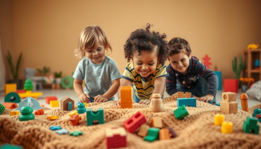 A playful scene of children exploring cognitive flexibility through interactive play. In the foreground, two young kids engage in imaginative role-play, their faces alight with wonder as they navigate a colorful, textured landscape. The middle ground features a variety of tactile objects - puzzles, blocks, and other manipulatives - that invite problem-solving and flexible thinking. In the background, a warm, diffused lighting creates a calming, nurturing atmosphere, encouraging the children's natural curiosity and cognitive development. Capturing the perfect partnership of interactive play and cognitive flexibility, this image evokes a sense of joyful learning and growth.