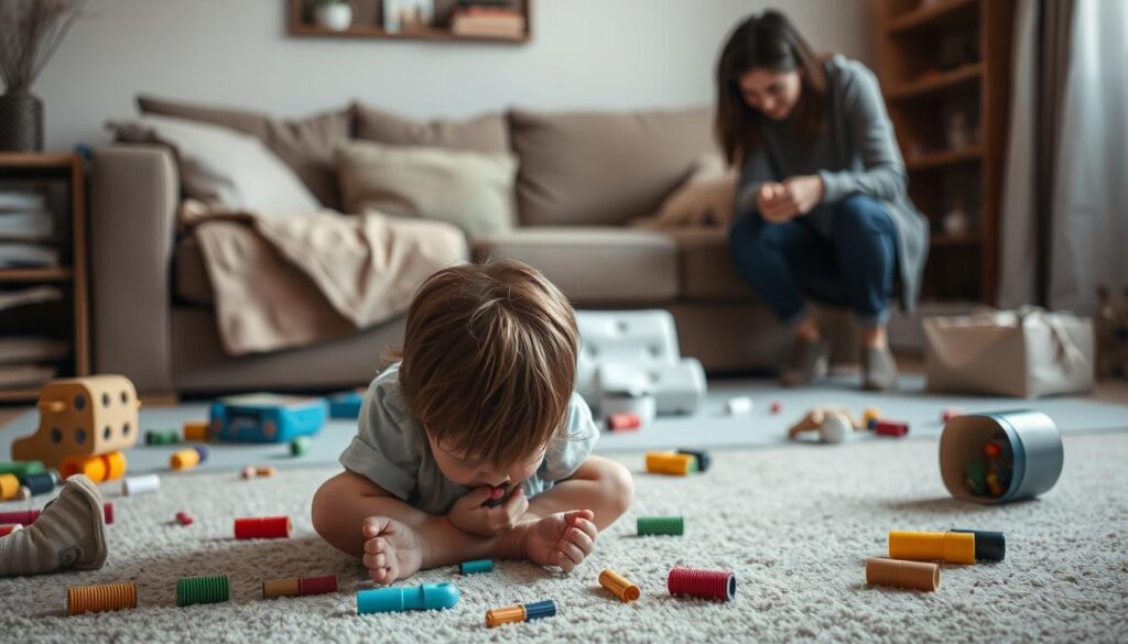 A scene depicting common triggers that lead to child meltdowns. In the foreground, a young child sits on the floor, face buried in their hands, surrounded by scattered toys and overturned objects. The middle ground showcases a parent or caregiver kneeling down, reaching out to console the distressed child. The background is a warm, domestic living room setting with muted tones, hinting at the calm before the storm. The lighting is soft and indirect, creating a somber, introspective mood. The composition emphasizes the emotional conflict and the need for proactive tools to manage such challenging situations.