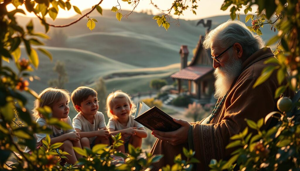 A serene and inviting scene of an enchanting storybook world, bathed in warm, golden light. In the foreground, a group of children sit enraptured, their faces aglow as they listen intently to an elder reading from an ornate, leather-bound book. Lush, verdant foliage frames the scene, and in the background, a cozy, storybook cottage nestled amidst rolling hills. The atmosphere exudes a sense of wonder, wisdom, and the timeless power of moral tales to inspire and guide young minds.