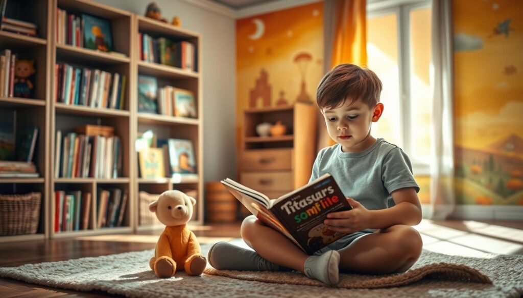 A serene children's bedroom, sunlight streaming through the window, illuminating a bookshelf filled with storybooks. In the foreground, a young child sits cross-legged on a cozy rug, engrossed in a book, their face expressing a sense of wonder and contentment. The middle ground features a plush toy animal, a symbol of the comforting and nurturing elements present in the child's stories. In the background, a warm-toned mural depicting fantastical landscapes and whimsical characters, suggesting the imaginative and transformative power of the narratives. The overall scene conveys a sense of safety, growth, and the positive resolutions that can be found in children's literature.