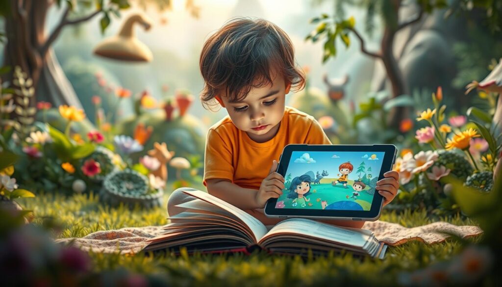 A serene digital landscape showcases the enchanting world of Lunesia's captivating storytelling. In the foreground, a young child sits cross-legged, their eyes transfixed on a glowing tablet displaying vibrant, animated characters. Surrounding them, a lush, verdant environment with whimsical flora and fauna blends seamlessly with the digital realm, creating a harmonious fusion of the physical and virtual. Warm, diffused lighting illuminates the scene, casting a cozy, inviting atmosphere. In the middle ground, a traditional storybook lies open, its pages seemingly interacting with the digital elements, bridging the gap between the analog and the digital. The background features a softly blurred, dreamlike setting, hinting at the boundless imaginative potential of Lunesia's captivating narratives.
