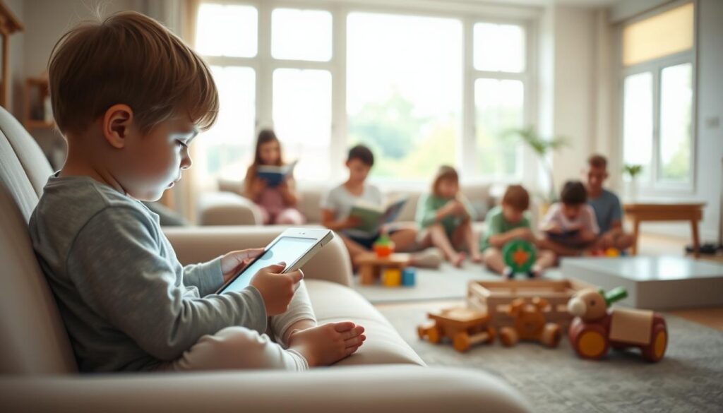 A serene indoor scene showcasing a young child engaged with a digital device, surrounded by various social activities and interactions. In the foreground, the child sits cross-legged on a couch, eyes focused on a tablet screen, their face illuminated by the soft glow. In the middle ground, other children play together with toys, read books, and engage in imaginative play, suggesting a balanced environment of digital and physical interactions. The background depicts a warm, sunlit room with large windows, allowing natural light to fill the space and creating a sense of openness and connectivity. Soft, muted tones and a calm, contemplative atmosphere convey the idea that screen time can coexist with healthy social development when managed thoughtfully.