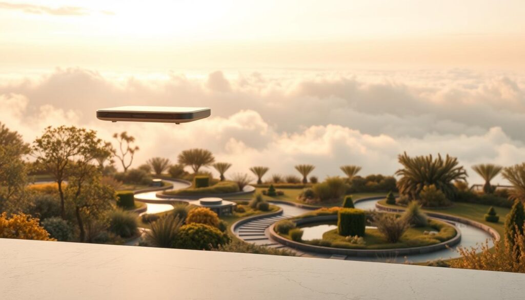 A serene, meditative scene of mindful technology. In the foreground, a minimalist yet elegant device hovers gently, its sleek form casting soft shadows. The middle ground features a tranquil, nature-inspired landscape - a lush garden with weaving pathways, calming water features, and carefully placed technological elements blending seamlessly. Warm, diffused lighting filters through wispy clouds, casting a contemplative glow. The background showcases a vast, open sky with muted hues, suggesting a sense of expansiveness and inner reflection. This image evokes a harmonious balance between the digital and the natural, inviting the viewer to engage with technology in a mindful, purposeful manner.