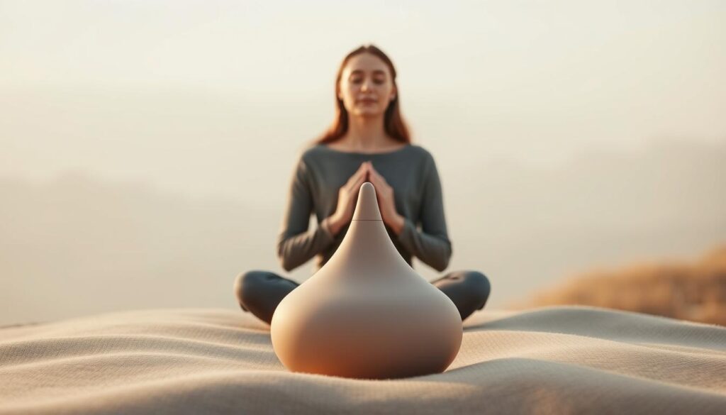 A serene, minimalist scene depicting a person performing mindful breathing exercises. The foreground features a person sitting cross-legged on a soft, textured surface, with hands resting gently on their lap. Their eyes are closed, and their expression is peaceful, conveying a sense of focused inner calm. The middle ground showcases a simple, elegant design object - a smooth, organic shape in muted tones that serves as a visual anchor for the breathing pacing mechanism. The background is a soft, blurred landscape with a muted color palette, creating a sense of tranquility and spaciousness. Warm, diffused lighting bathes the scene, emphasizing the meditative atmosphere. The overall composition and aesthetic evoke a harmonious, contemplative mood that aligns with the article's theme of mindful interaction.