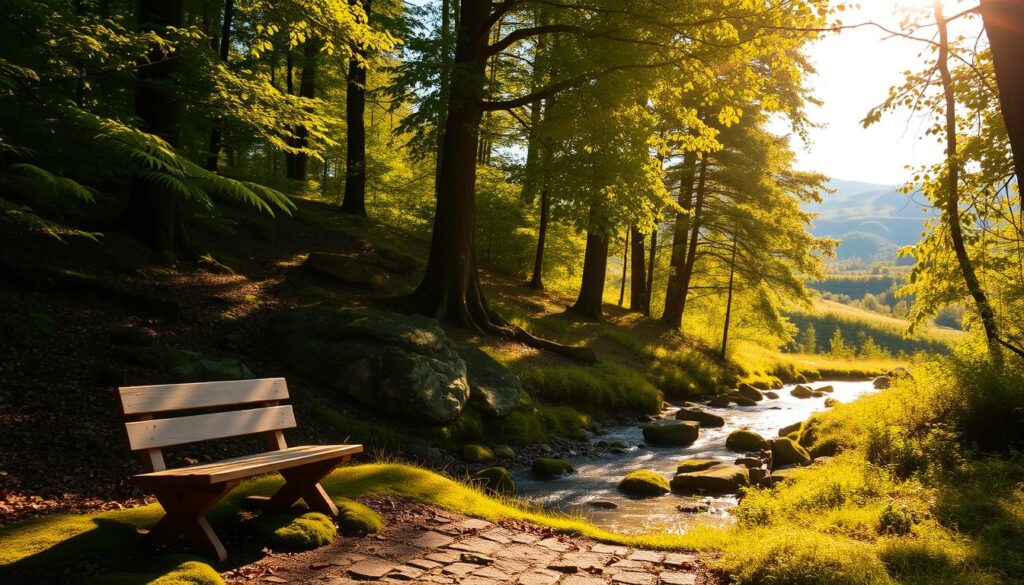 A serene, sun-dappled forest glade, with lush foliage and a tranquil stream meandering through the scene. The warm, golden light filters through the canopy, casting a gentle glow on the delicate ferns and moss-covered rocks. In the foreground, a small wooden bench invites the viewer to sit and take in the peaceful ambiance, while in the distance, a hint of rolling hills and a clear blue sky hints at the expansive, calming nature of the environment. The overall atmosphere is one of relaxation and mindfulness, creating a soothing and restorative setting.