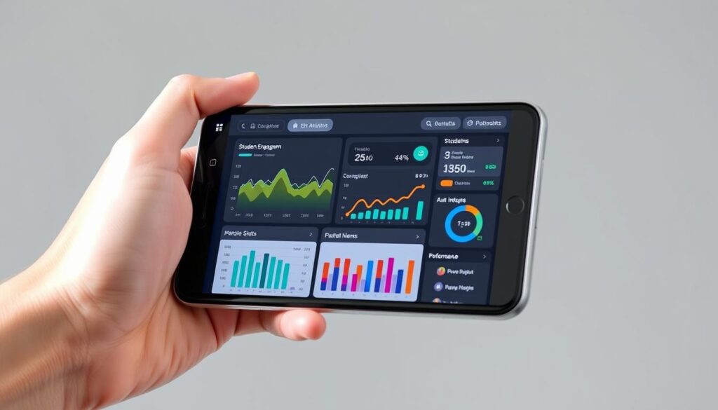 A sleek and modern mobile device displaying an educational app's analytics dashboard. The screen shows colorful line graphs, pie charts, and data visualizations tracking student engagement, progress, and performance metrics. The app's user interface is clean and intuitive, with easy-to-read data insights. The device is held in a well-lit hand, showcasing the app's responsive and visually appealing design. The background is a minimalist gray or white, allowing the analytics visuals to take center stage and communicate the app's utility for monitoring educational progress.