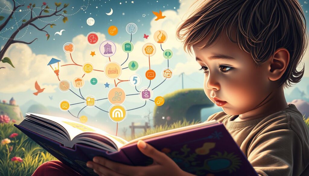 A striking digital illustration depicting the concept of cause and effect. The foreground features a young child intently reading an interactive storybook, their eyes filled with wonder and curiosity. The middle ground showcases a series of interconnected cause-and-effect scenarios, represented by vibrant icons and symbols that seem to leap off the page. In the background, a dreamlike landscape unfolds, with whimsical elements and a soft, ethereal lighting that evokes a sense of learning and discovery. The overall composition conveys the powerful impact of interactive stories in helping children understand the complex relationships between actions and consequences.