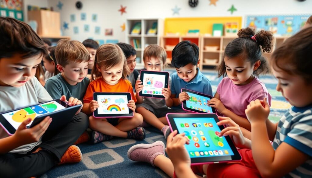 A vibrant and engaging classroom scene featuring a diverse group of children intently using various educational apps on their tablets. The foreground depicts the kids' faces, each illuminated by the warm glow of their device screens, immersed in interactive learning experiences. The middle ground showcases the apps themselves, with colorful, age-appropriate graphics and intuitive interfaces designed to capture the children's attention and stimulate their cognitive development. The background sets the scene in a well-equipped, cheerful classroom, with geometric-patterned rugs, bookshelves, and educational wall displays, all bathed in soft, diffused lighting that creates a harmonious, nurturing atmosphere.
