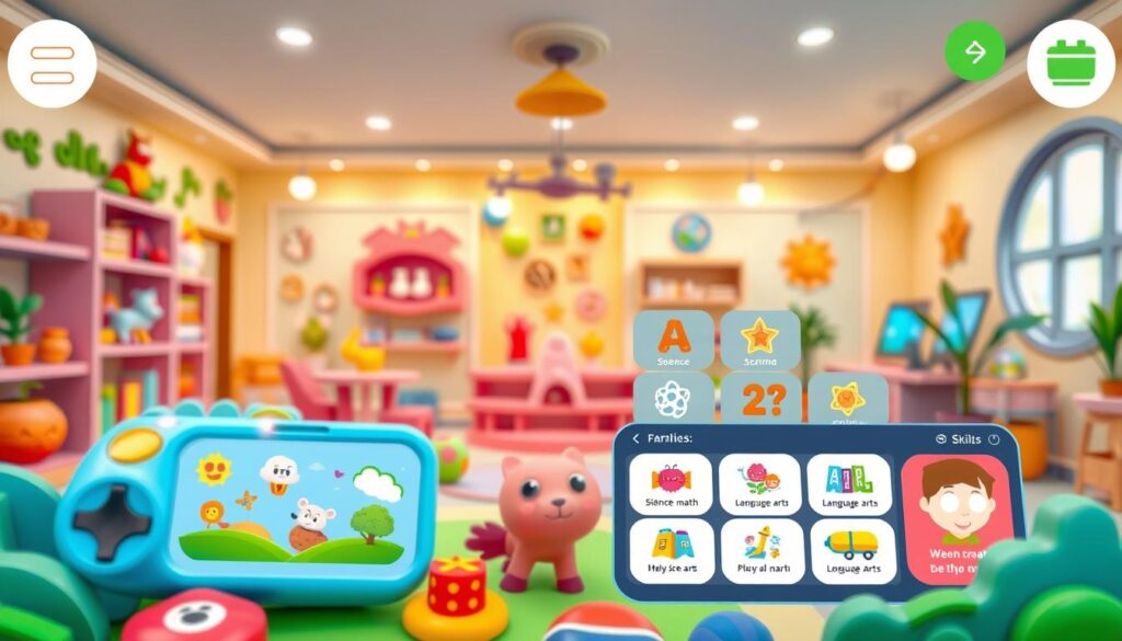 A vibrant and engaging educational app interface, featuring a diverse array of interactive learning activities and games for children. In the foreground, colorful icons and illustrations depicting various subjects like science, math, and language arts. In the middle ground, a clean and intuitive user interface with intuitive navigation menus. The background showcases a serene, child-friendly environment with soft lighting and a playful, whimsical atmosphere. The overall design is cohesive, visually appealing, and optimized for a seamless, distraction-free learning experience.