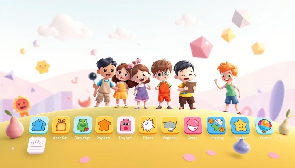 A vibrant and engaging interactive learning app UI, showcasing an intuitive and visually captivating interface. The foreground features a diverse array of playful and educational app icons, each with a distinct design and color palette, inviting the user to explore. The middle ground presents a group of animated characters, including children of different ages and backgrounds, interacting with the various app features in a lively and collaborative manner. The background depicts a serene, pastel-hued landscape with whimsical elements, such as floating clouds and abstract geometric shapes, creating a sense of wonder and discovery. The lighting is soft and diffused, highlighting the app's user-friendly and approachable nature. The overall composition conveys a harmonious blend of learning, creativity, and joy, reflecting the key features of high-quality interactive learning apps.