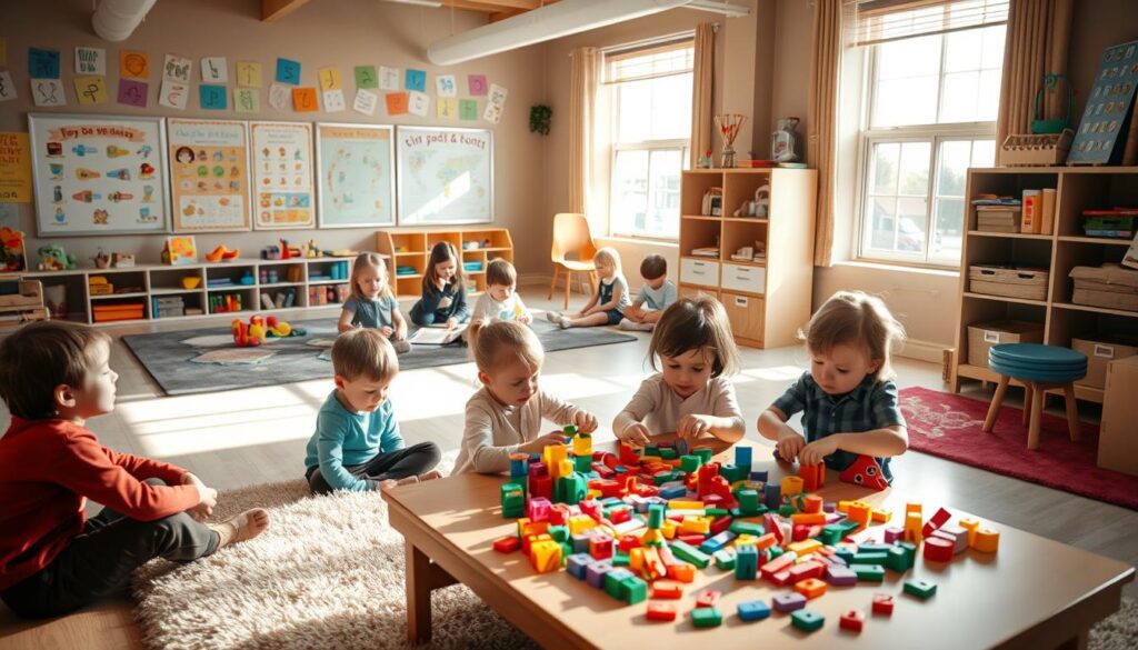 A vibrant and playful classroom scene with children engaged in various hands-on learning activities. In the foreground, a group of young students are gathered around a low table, colorful building blocks and puzzles strewn across the surface as they collaborate to construct intricate designs. Sunlight filters through large windows, casting a warm glow over the scene. In the middle ground, other children sit on plush rugs, immersed in books or experimenting with science kits, their faces alight with curiosity and wonder. The background features educational posters, whiteboards, and shelves brimming with educational toys and materials, creating a stimulating and enriching environment that seamlessly integrates play into the learning process.