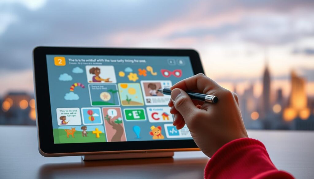 A vibrant digital canvas showcasing the step-by-step storytelling process. In the foreground, a child's hand holds a stylus, guiding a whimsical tale as it unfolds on a sleek tablet device. The middle ground features a collage of colorful digital assets - icons, illustrations, and storyboard frames - inviting interaction and exploration. In the background, a softly blurred cityscape suggests a modern, technology-driven educational setting. Warm, diffused lighting casts a pensive, contemplative mood, while a clean, minimalist aesthetic enhances the focus on the creative narrative unfolding before the viewer.