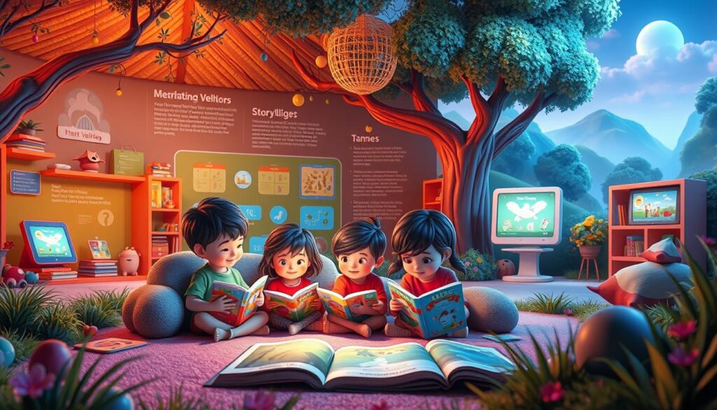 A vibrant, digitally-rendered landscape showcasing the developmental benefits of storytelling for young children. In the foreground, a group of animated children sit in a cozy reading nook, engrossed in a captivating tale brought to life through vivid digital illustrations. The middle ground features a diverse array of learning tools and interactive displays, highlighting how digital storytelling enhances cognitive, social, and emotional development. In the background, a serene, nature-inspired setting with soft, warm lighting evokes a sense of wonder and imagination. The overall composition conveys the enriching, immersive experience of digital storytelling for early childhood education.