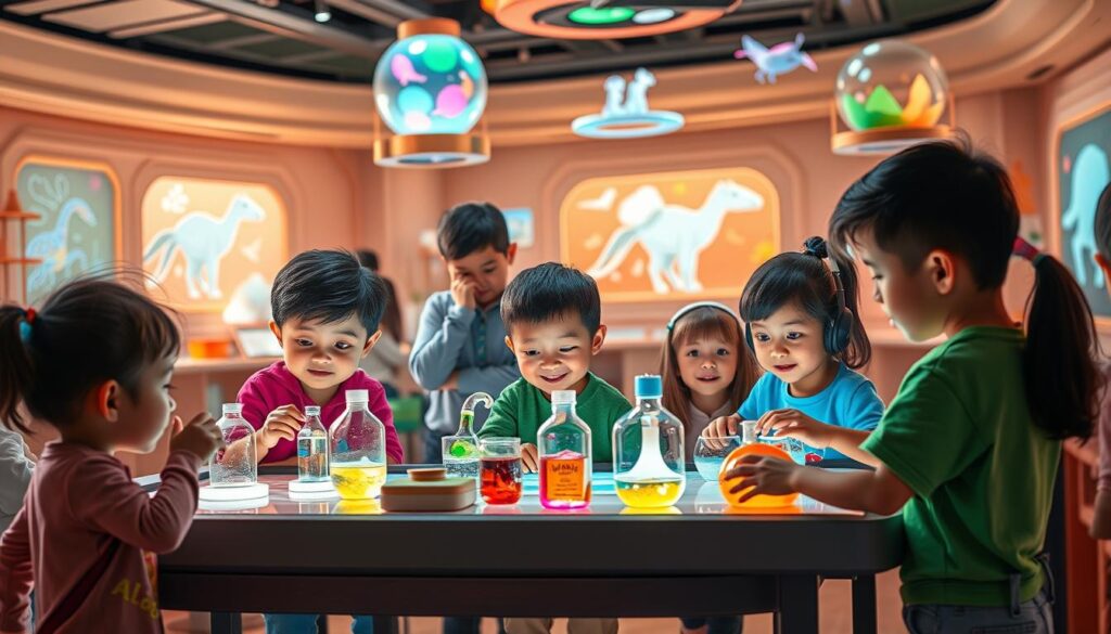 A vibrant, educational scene featuring whimsical Lunesian characters exploring the wonders of science, technology, and the natural world. In the foreground, a group of curious children engaged in hands-on experiments and interactive displays, their faces filled with wonder and excitement. In the middle ground, Lunesian teachers guide the students, using colorful, engaging teaching materials. The background depicts a futuristic, yet inviting, Lunesian learning environment, with holographic displays, floating platforms, and a warm, diffused lighting that creates a sense of discovery and intellectual stimulation. The overall atmosphere is one of boundless curiosity, intellectual growth, and the joy of learning.