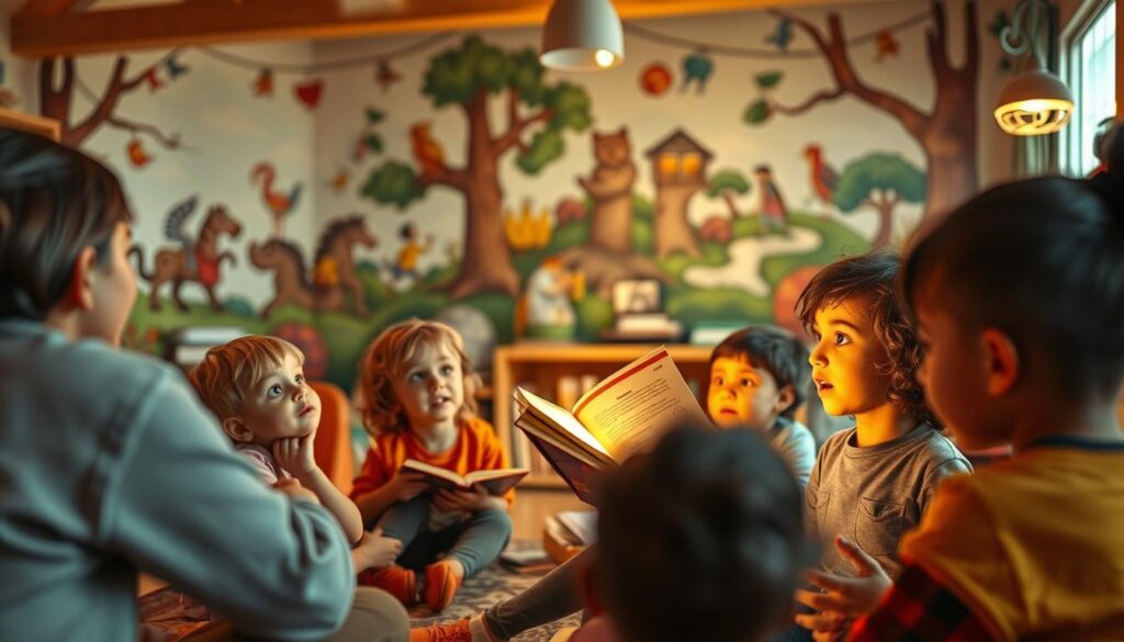 A vibrant, imaginative scene showcasing the cognitive benefits of narrative-based learning. In the foreground, a group of children sit enraptured, eyes wide with wonder, as a teacher animatedly weaves a captivating tale. Soft, warm lighting casts a cozy glow, enhancing the sense of immersion. The middle ground reveals educational tools and resources, subtly hinting at the integration of storytelling and learning. In the background, a whimsical mural depicts scenes from classic stories, symbolizing the power of narrative to inspire curiosity and foster a love for knowledge. The overall atmosphere is one of engagement, wonder, and the joy of discovery through the art of storytelling.