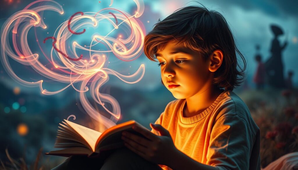 A vibrant, immersive scene depicting the power of stories to impart emotional intelligence. In the foreground, a young person sits enthralled, their face alight with wonder as they turn the pages of an open book. Soft, warm lighting illuminates their rapt expression, conveying the profound impact of the narrative. In the middle ground, swirling wisps of color and energy emanate from the book, symbolizing the transfer of complex life lessons through the medium of storytelling. The background is a dreamlike landscape, where fantastical elements mingle with realistic shapes, hinting at the transformative potential of stories to expand one's perspective and emotional understanding.