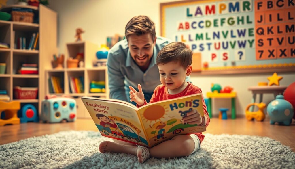 A vibrant, interactive storybook scene set in a cozy, well-lit room. In the foreground, a young child sits cross-legged on a plush rug, engrossed in a colorful, tactile book with pop-ups, textures, and movable parts. Their face is lit with wonder and curiosity. In the middle ground, an adult figure leans in, gesturing animatedly, facilitating the child's engagement and language exploration. The background features a bookshelf, educational toys, and a bulletin board displaying alphabet letters and vocabulary words, creating an immersive, language-rich environment. The lighting is warm and inviting, evoking a sense of comfort and learning.