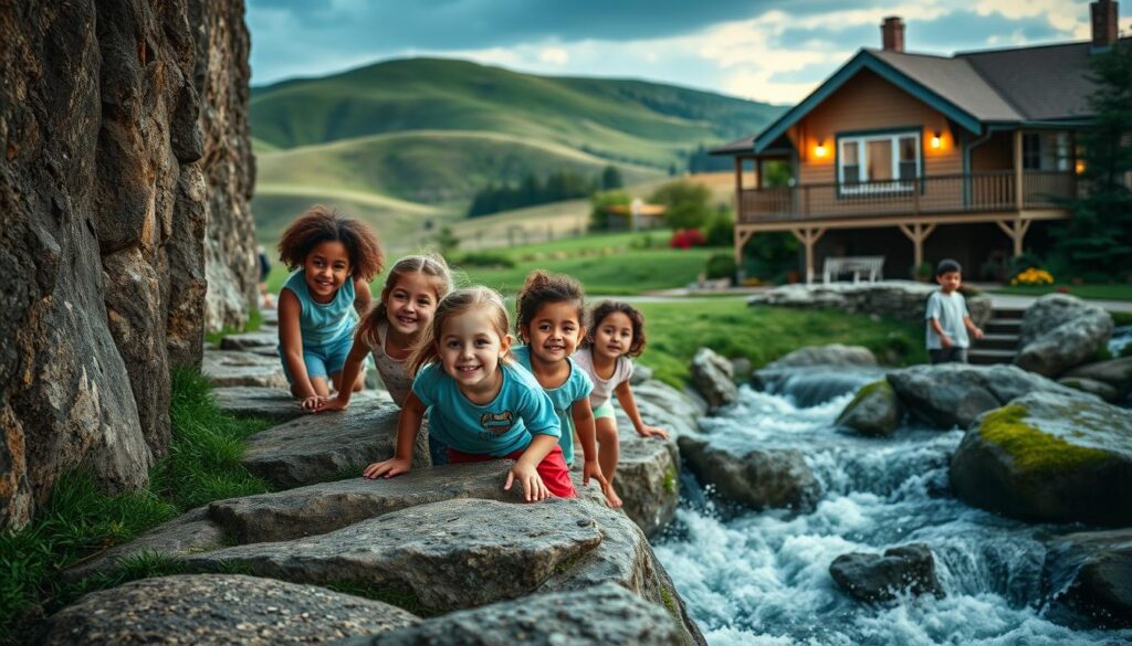 A vibrant, real-world scene of children's emotional resilience. In the foreground, a group of diverse children, their faces alight with joy and determination, as they navigate a series of challenging obstacles - a winding path, a towering rock wall, a raging river. Their expressions convey a sense of resilience, a willingness to face adversity head-on. The middle ground features a lush, verdant landscape, with rolling hills and a clear sky overhead, suggesting a nurturing, supportive environment. In the background, a cozy, inviting home, its warm lights and welcoming porch hinting at the care and guidance these children receive. The scene is bathed in soft, natural lighting, casting a sense of hope and optimism. Angle the camera to capture the children's journey, their determination, and the real-world applications of the emotional resilience they've developed.