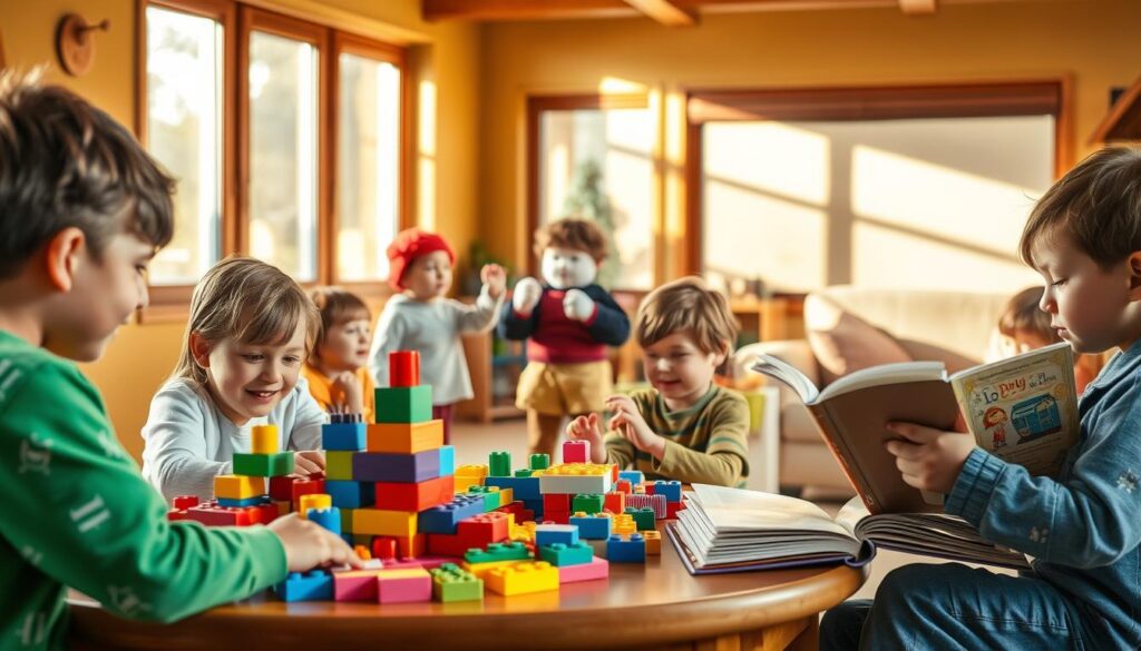 A vibrant scene of children engaged in a variety of educational activities inspired by the Lunesia stories. In the foreground, a group of kids sitting around a table, deeply immersed in building colorful structures with building blocks. In the middle ground, two children acting out a play with puppets, their faces alight with imagination. In the background, a cozy reading nook with a child nestled in a cushioned chair, their eyes fixed on the pages of a Lunesia storybook. Warm, natural lighting filters in through large windows, creating a welcoming, engaging atmosphere. The overall mood is one of curiosity, learning, and joyful exploration.
