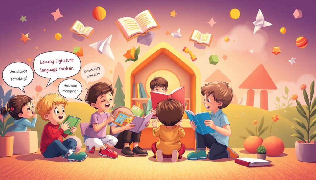 A vibrant scene of language development milestones for children aged 2-5 years. In the foreground, a group of young kids engaged in imaginative play, enacting stories and dialogues with animated expressions. Their speech bubbles suggest the progression of vocabulary, sentence structure, and conversational skills. In the middle ground, a cozy reading nook with an adult reading aloud to the children, fostering their language comprehension and narrative understanding. The background depicts a whimsical, storybook-inspired landscape, with floating storybook pages, colorful shapes, and playful typography elements, representing the integral role of storytelling in language development. Warm, soft lighting and a dreamlike, inspiring atmosphere convey the wonder and progress of this crucial stage of growth.