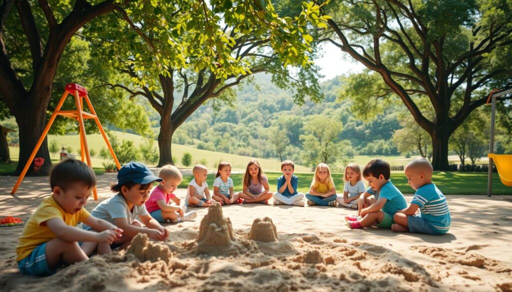 A vibrant, sun-dappled playground where children of diverse ages explore and learn through imaginative play. In the foreground, a group of toddlers build sand castles, while slightly older kids swing and slide nearby. In the middle ground, a circle of children sit cross-legged, engaged in a cooperative game, their faces alight with joy and concentration. In the background, a lush, verdant landscape with towering trees provides a serene, natural backdrop. The scene is bathed in warm, golden light, creating a sense of wonder and discovery. Captured with a wide-angle lens to emphasize the sense of expansive, boundless potential for growth and development through play.
