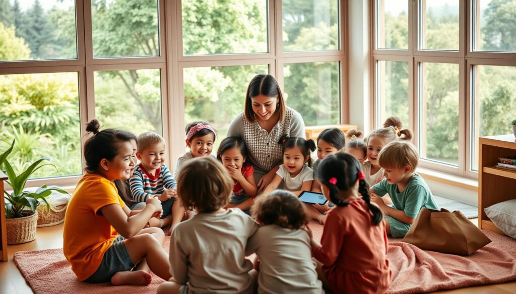 A warm, cozy preschool classroom with large windows overlooking a lush, verdant landscape. In the foreground, a group of diverse children sitting in a circle, engaged in a collaborative learning activity using Lunesia's interactive tablet devices. Their faces are alight with joy and excitement as they work together, sharing ideas and supporting one another. In the middle ground, the teacher moves among them, offering guidance and encouragement, fostering a nurturing, inclusive environment. The room is filled with natural light, creating a calm, soothing atmosphere that promotes social-emotional development. Soft, earthy tones and natural textures create a sense of comfort and belonging, while the children's vibrant expressions and body language convey the spirit of teamwork and interpersonal growth.